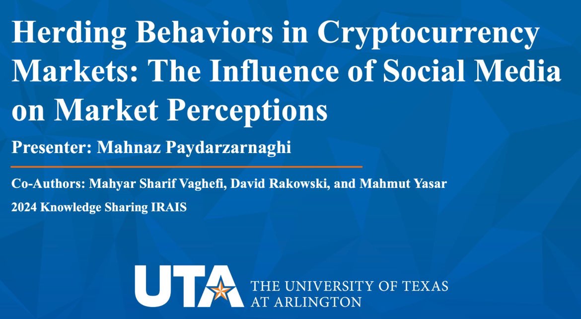 I am grateful to the
Iranian Scholars Chapter of the AIS (IRAIS) for this incredible opportunity to present our research. I appreciate the support of Dr. Mahyar Vaghefi, Dr. @RakowskiDr and Dr. Mahmut Yasar.
#Cryptocurrency #MarketBehavior  #SocialMediaInfluence #PhD #BTC