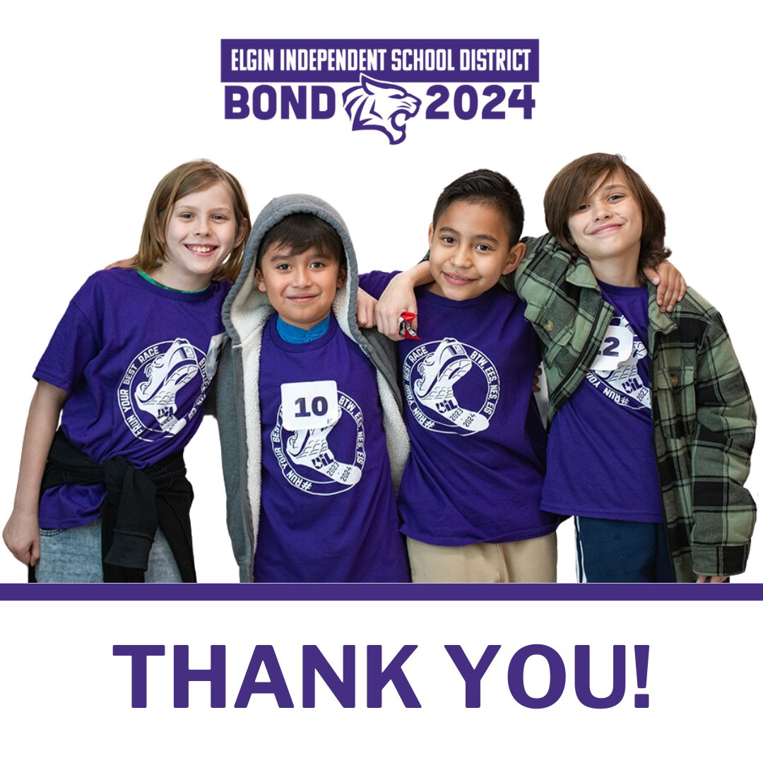 Elgin ISD voters have overwhelmingly approved Propositions A and B of the 2024 Bond Election! Thank you to all who participated in this election to help shape the future of our school district community. The future is bright in Elgin ISD!
