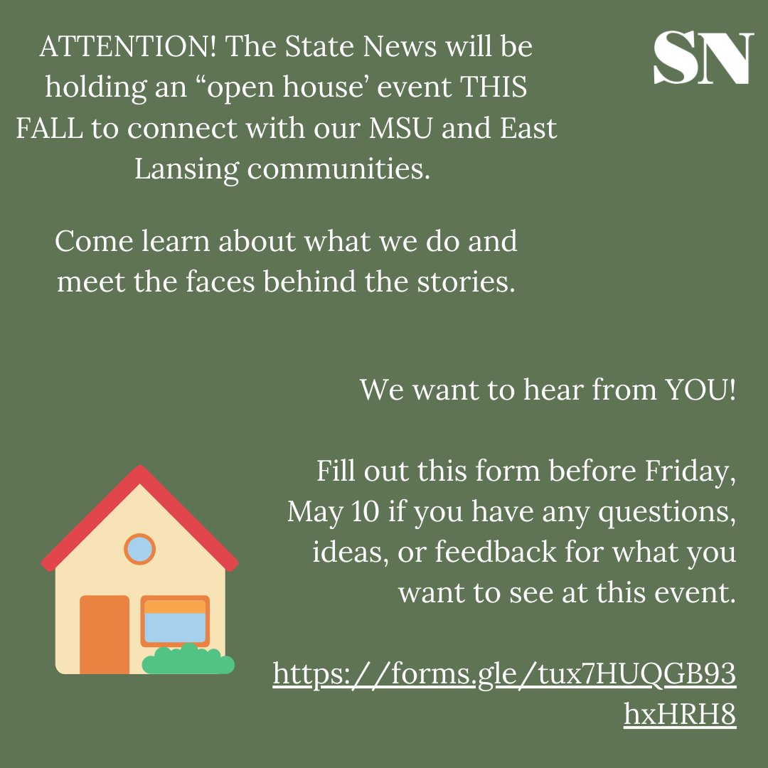 The State News will be holding a two-day “open house” event this fall for the community to come learn all about who we are and what we do. Learn more about the event here, and feel free to provide feedback at this link! forms.gle/tux7HUQGB93hxH…