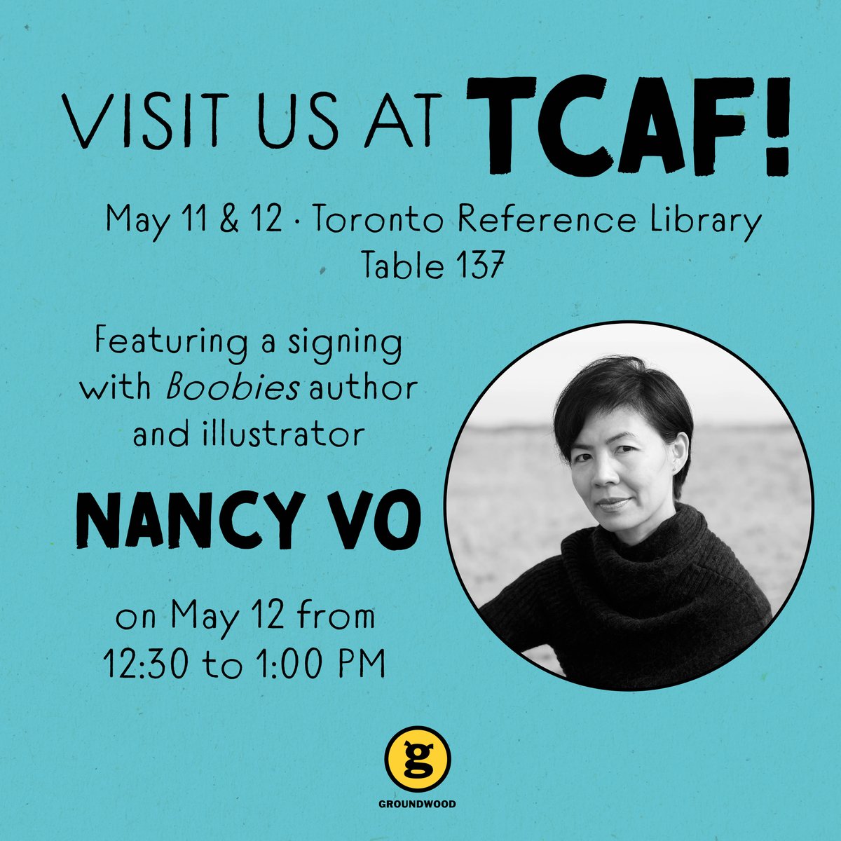 Catch us at #TCAF2024 this weekend!✨ We'll have books for sale and some Groundwood goodies on hand, plus a signing with BOOBIES author and illustrator Nancy Vo! Learn more: torontocomics.com/tcaf-2024