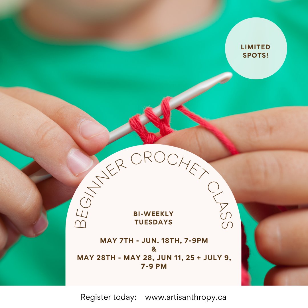 ArtisanthropyCA's tweet image. Come join us and explore the fundamentals of yarn, perfect the essential crochet stitches, and unlock the secrets of crochet charts, the universal language of crochet!

For more info and to register, visit our website!

#whitby #crochetclass #learntocrochet