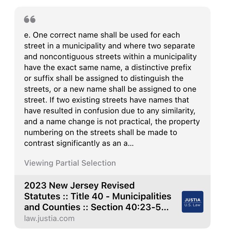 2023 NJ Revised Statutes
NJSA 40:23-50

Non-contiguous East and West Main Streets in similarly named NJ municipalities Mendham Township and Mendham Borough are technically nonviolative but problems this statue addresses implicate very real safety concerns.
