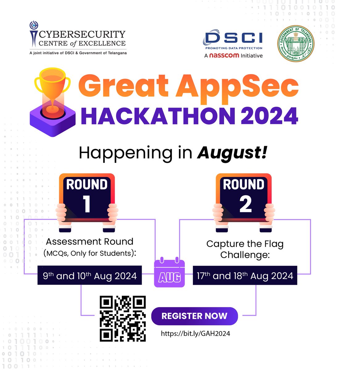 🔥#DateReveal
Gear up to conquer!

Dive into the action-packed Great AppSec Hackathon, happening this August.

Round 1 - Assessment Round (MCQs): 9th and 10th August, 2024

Round 2 - Capture the flag challenge: 17th and 18th August, 2024

Register Now - bit.ly/GAH2024