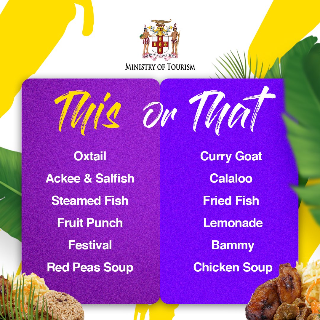 This or that! Do you think you can choose?
With every delicious bite, the irresistible flavours of the listed Jamaican delicacies evoke a rhythm of spices that complement the vibrant local ingredients.
Will you choose the left or the right?

#MinistryofTourism #MT