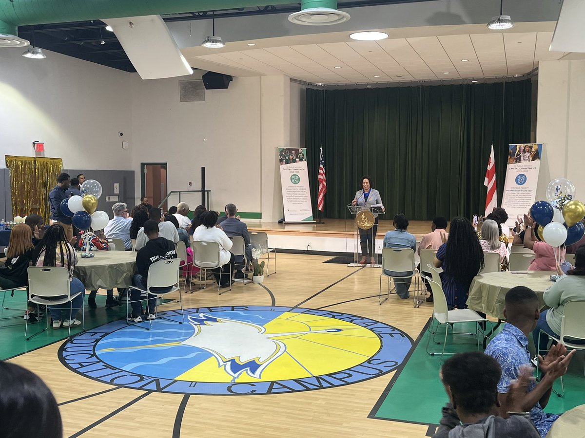 Mayor Muriel Bowser speaking at a teacher appreciation week event at River Terrace Education Campus in Northeast DC.