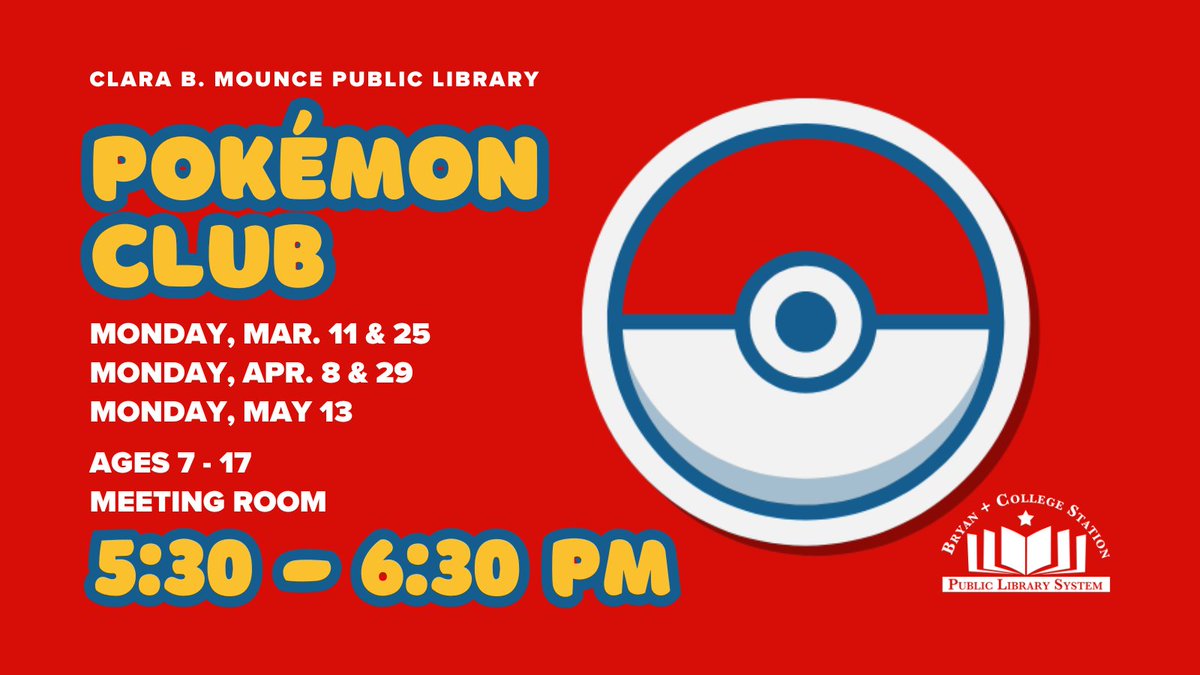 Catch us next Monday, May 13th from 5:30-6:30 PM playing Pokémon cards and video games at the Mounce! For ages 7-17! No registration required! #bcstx #pokémon