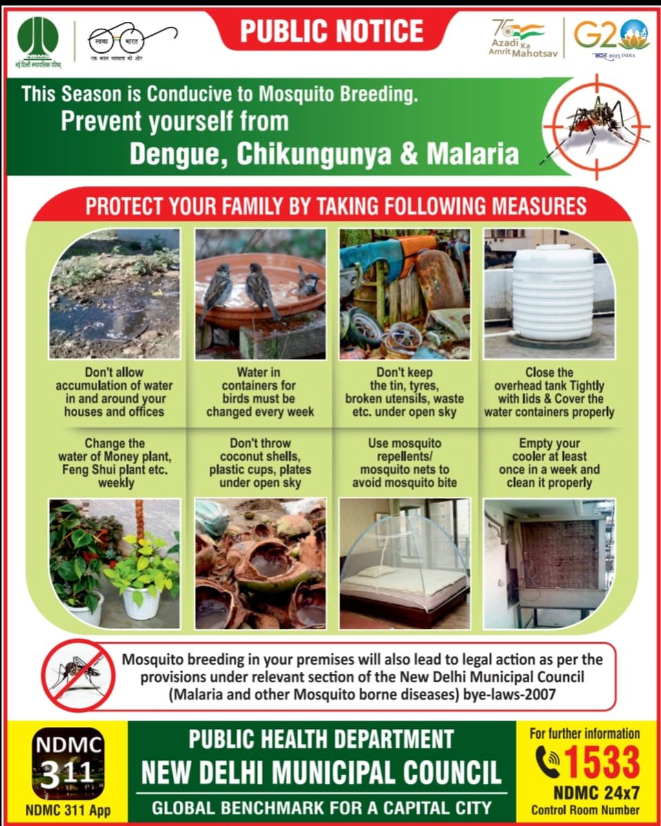 NDMC advises all the residents to be proactive against dengue this summer season. Follow guidelines, stay informed and together, let's make #NDMC dengue free! #PublicNotice NDMC - सेवा में तत्पर सदैव