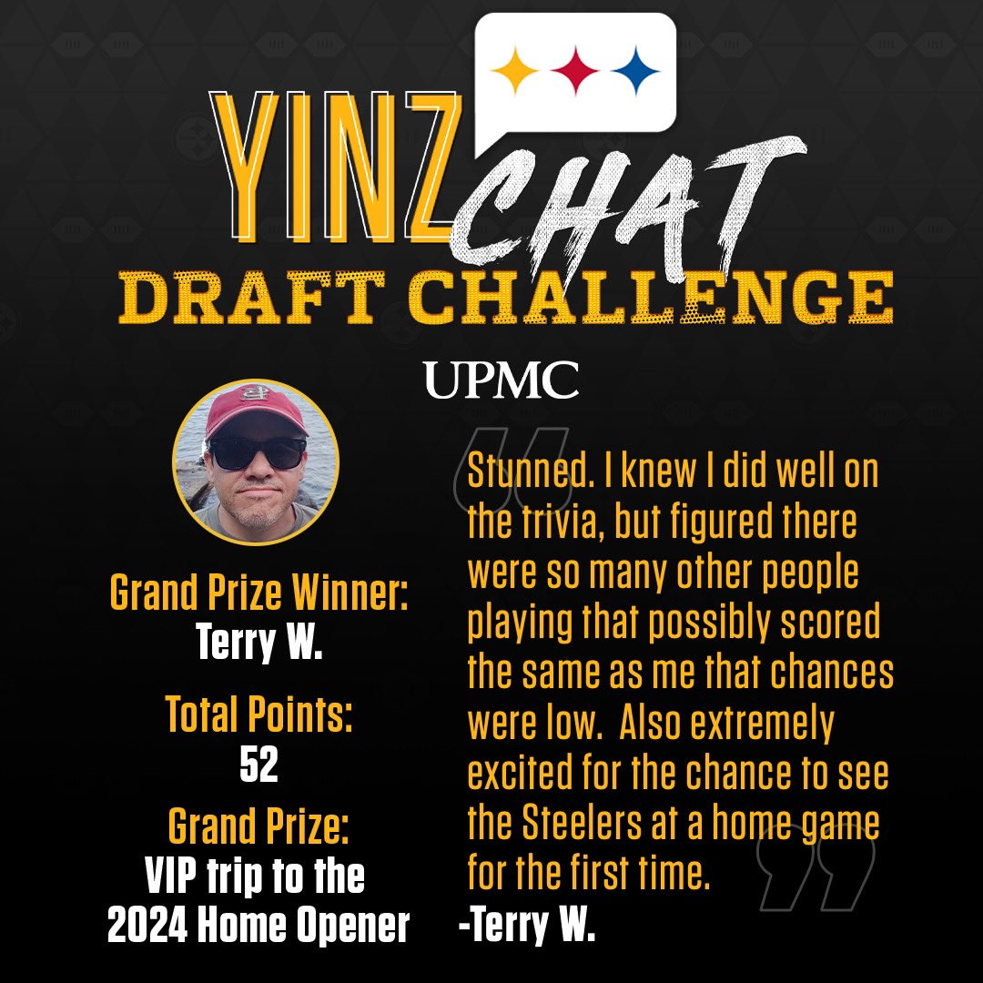 Congrats to our 2024 YinzChat Draft Challenge Grand Prize Winner, Terry W! Terry earned a total score of 52 possible points! That’s impressive! Keep up with more trivia this offseason!