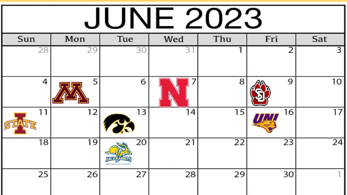 Here is my current Camp Schedule! June 5th- @GopherFootball June 7th- @HuskerFootball June 9th- @SDCoyotesFB June 11- @CycloneFB June 13- @HawkeyeFootball June 16- @UNIFootball June 20- @GoJacksFB