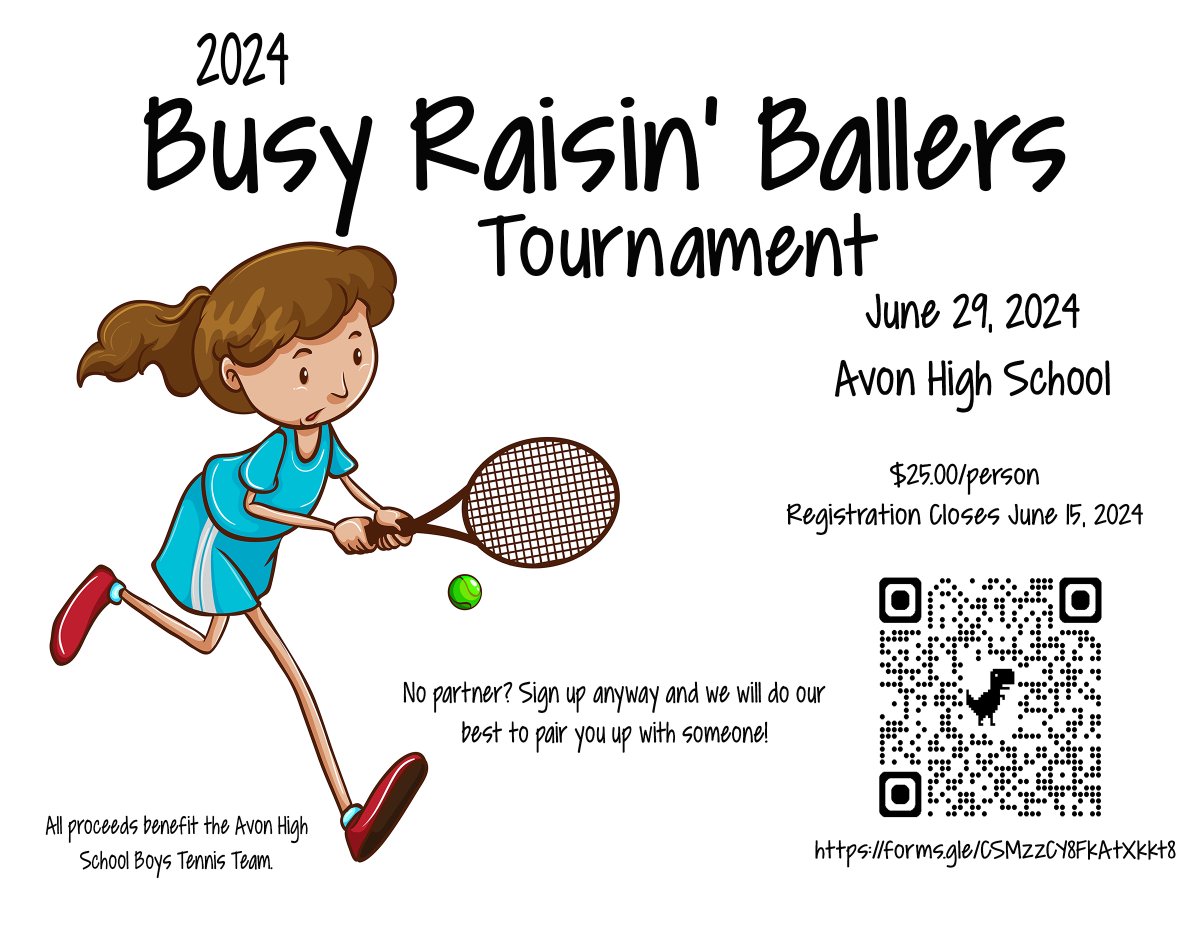 Check out these three tournament options! All are $25/player and can be signed up for via the QR code on the flyer. All proceeds benefit the Avon High School Boys Tennis Team. Any questions can be sent to avoncta2018@gmail.com.