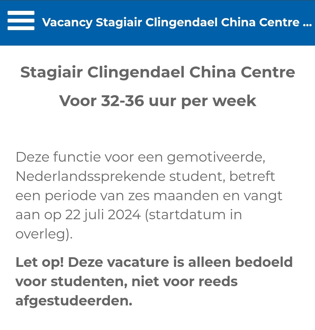 Zoek je een China-gerelateerde stage? Kom stagelopen bij @Clingendaelorg China Centre! Solliciteer hier, deadline 29 mei: careers.clingendael.org/vacancy-job-2/…