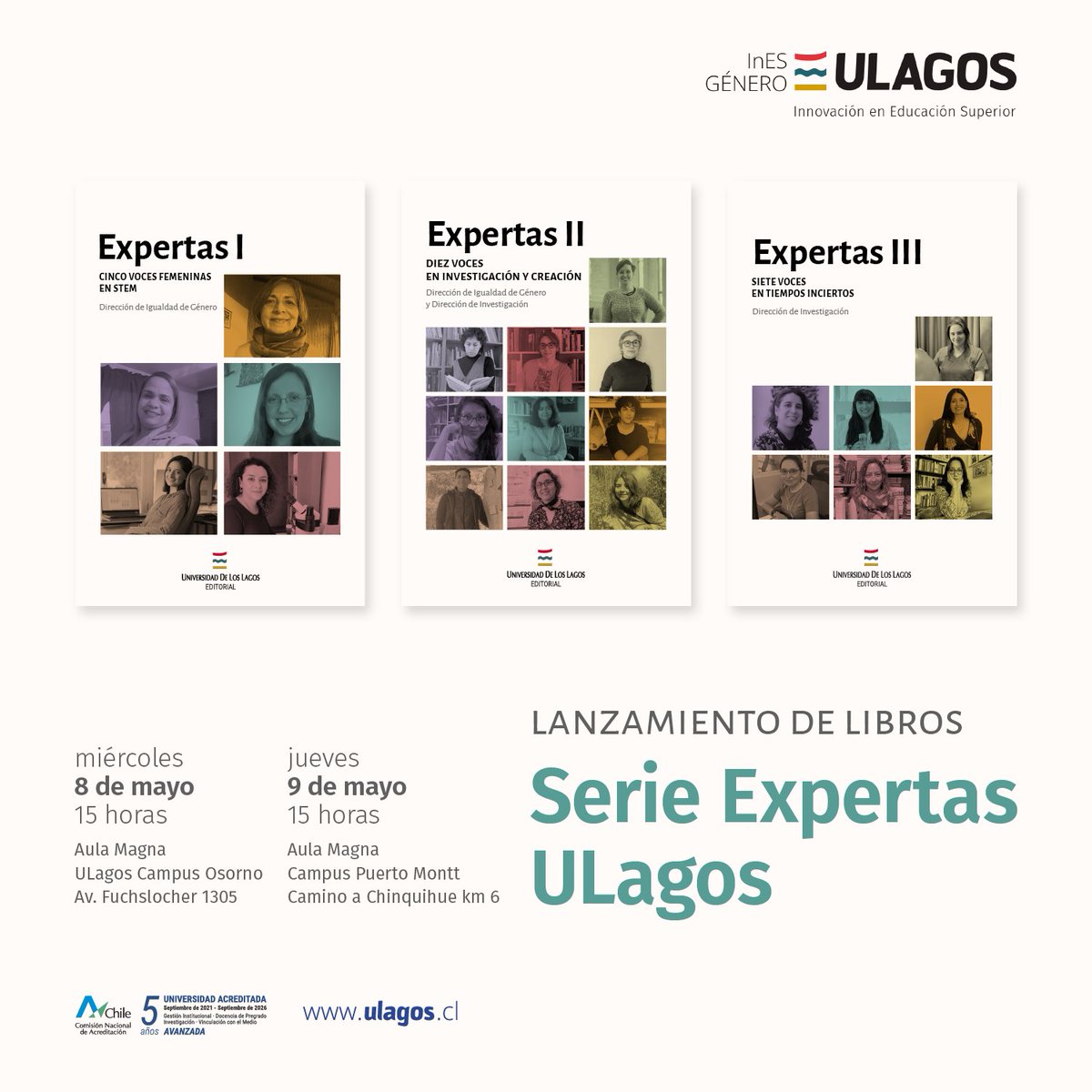 INVITACIÓN | Lanzamiento serie 'expertas' #ULagos, se llevará a cabo a las 15h00 el miércoles 08 y el jueves 09 de mayo en las ciudades de #Osorno y #Puertomontt, respectivamente
#chiloe #palena #regiondeloslagos #equidaddegenero #inesgénero #inesgeneroulagos #mujeresenciencia