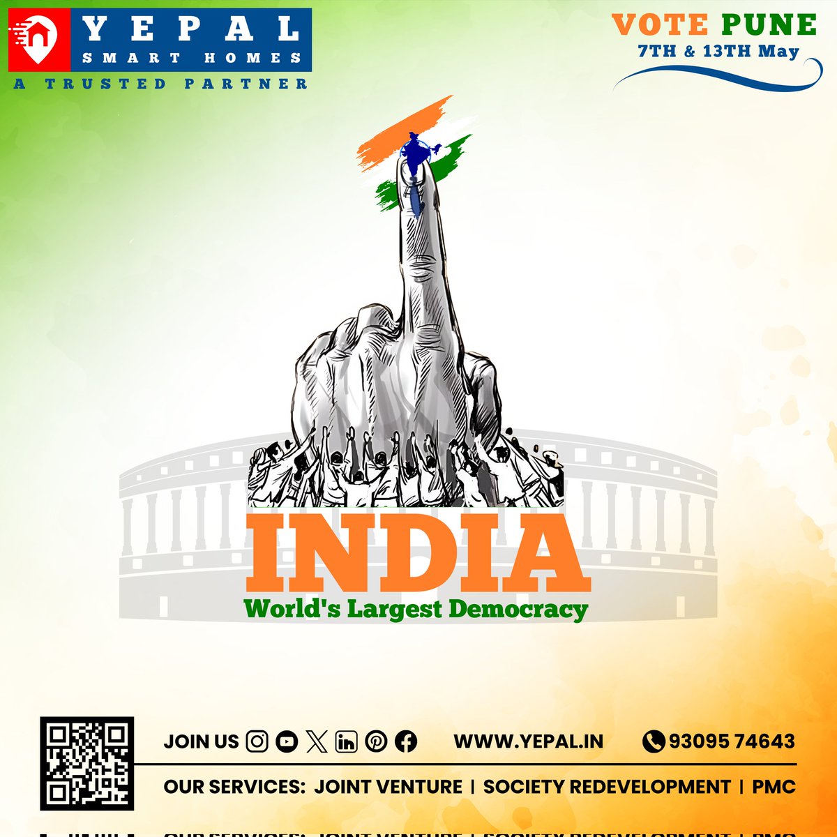 पुणेकरांनो, उद्या लोकशाहीचा सर्वात महत्वाचा दिवस आहे, तुमचे मत तुमचा आवाज आहे, एक नैतिक आणि जबाबदार मतदार बना.
#VoteIndia #yepalsmarthomes #punepropertyportal 
#ElectionCommission #LokSabhaElections2024  #May7 #May13 #democracy #IndianElections #VotePune #trusteddeveloper