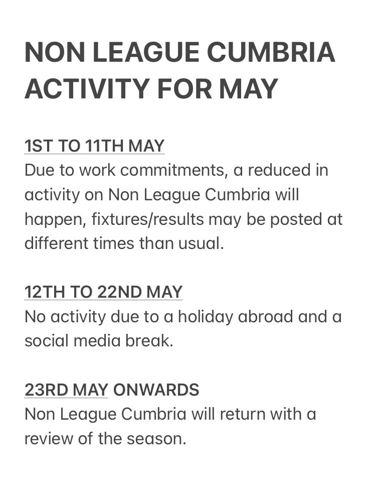 A reminder that activity on Non League Cumbria may be limited this week with fixtures and results at different times than usual (especially Thursday/Friday). After results are posted on Saturday, NLC will take a break until 23rd May due to holiday and social media break.