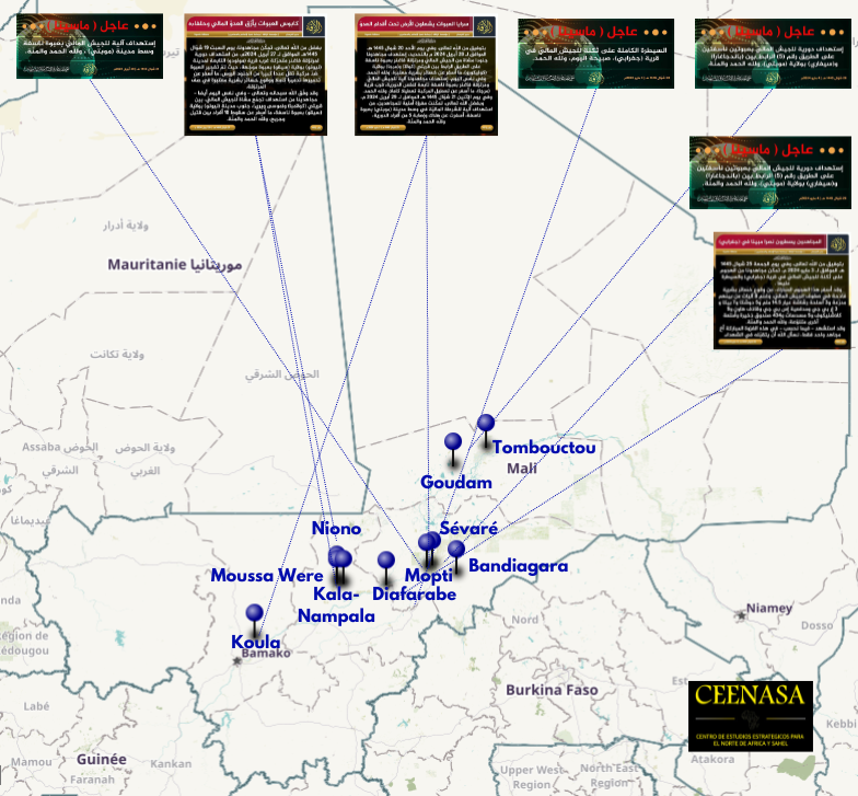 #Mali
Between Mon 29th Apr and Sun 5th May the #JNIM has released 7 statement, claiming responsibility for 9 attacks :

- 2 in #Mopti
- 1 in #Nyono
- 1 b/w Moussa-Were and Kala-Nampala
- 2 near Koula
- 1 in Diafarabe
- 1 b/w #Tombouctou and Goudam
- 1 b/w Bandiagara and #Sevare