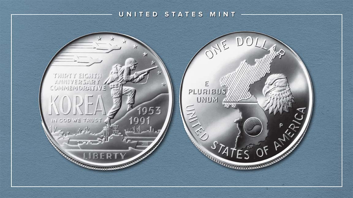 Released on May 6, 1991, this silver dollar commemorated the 38th anniversary of the ending of the #KoreanWar and honored those who served. bit.ly/3hC1b4L [Note: This coin is no longer available from the U.S. Mint.]  #MilitaryAppreciation