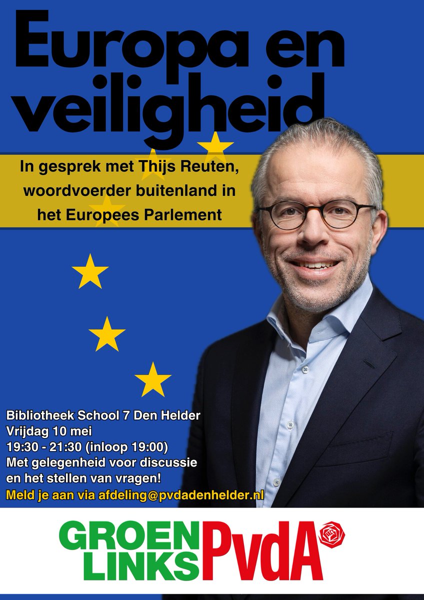 Op 10 mei is @gl_pvda Europarlementariër @thijsreuten in #DenHelder In klein comité, op de 🚲, langs de #MaritiemCluster-onderdelen. 's Avonds de openbare bijeenkomst in @KopGroepBieb, School 7. Thema: Europa en Veiligheid. Kom ook, vrij entree! Aanvang 19:30 uur