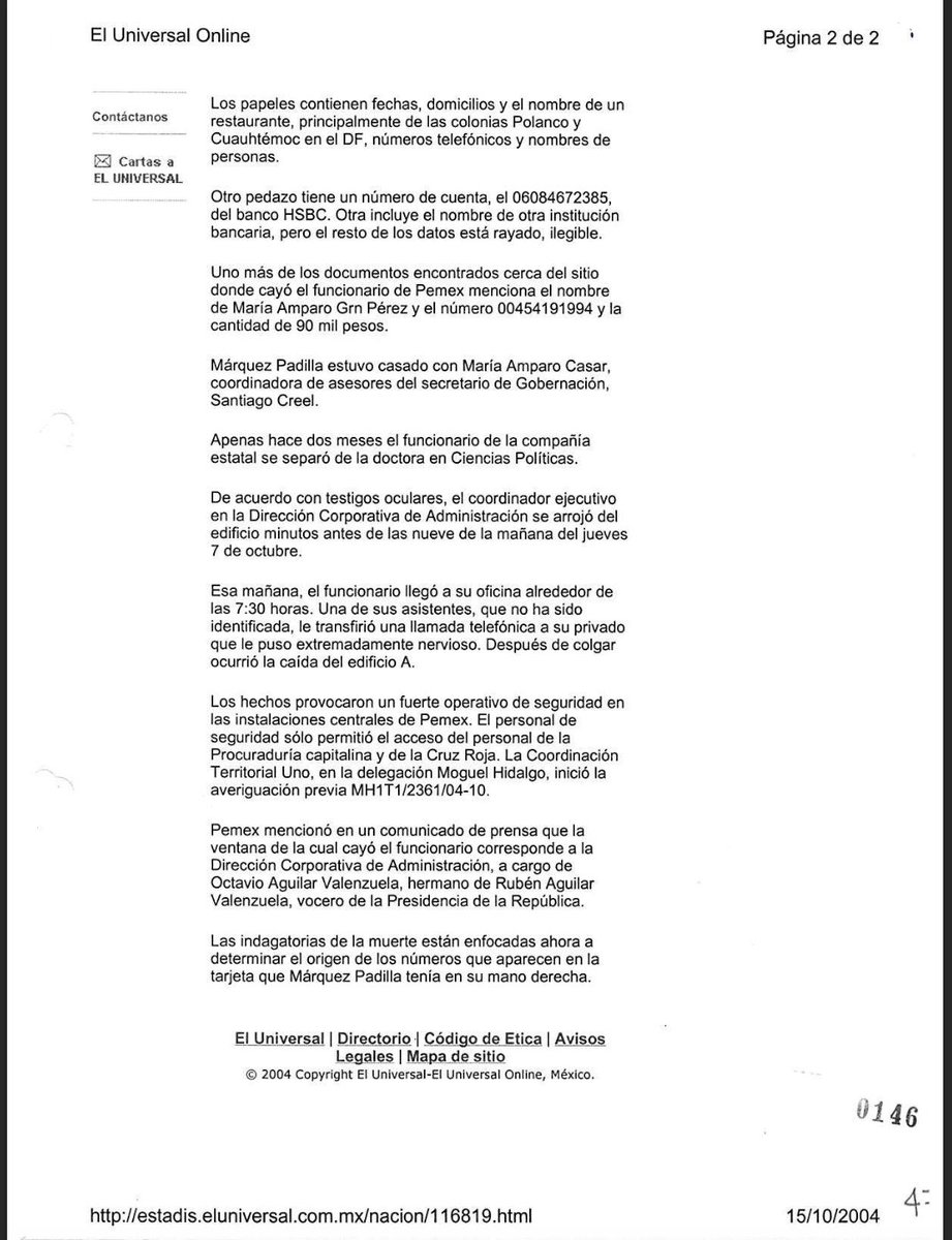 Esto es lo que reportaba el hoy director general editorial de @El_Universal_Mx , @apontedavid , sobre el suicidio del esposo de @amparocasar . Entre otros datos relevantes, señalaba que el funcionario se arrojó de la ventana de la oficina del hermano del entonces vocero de Fox.