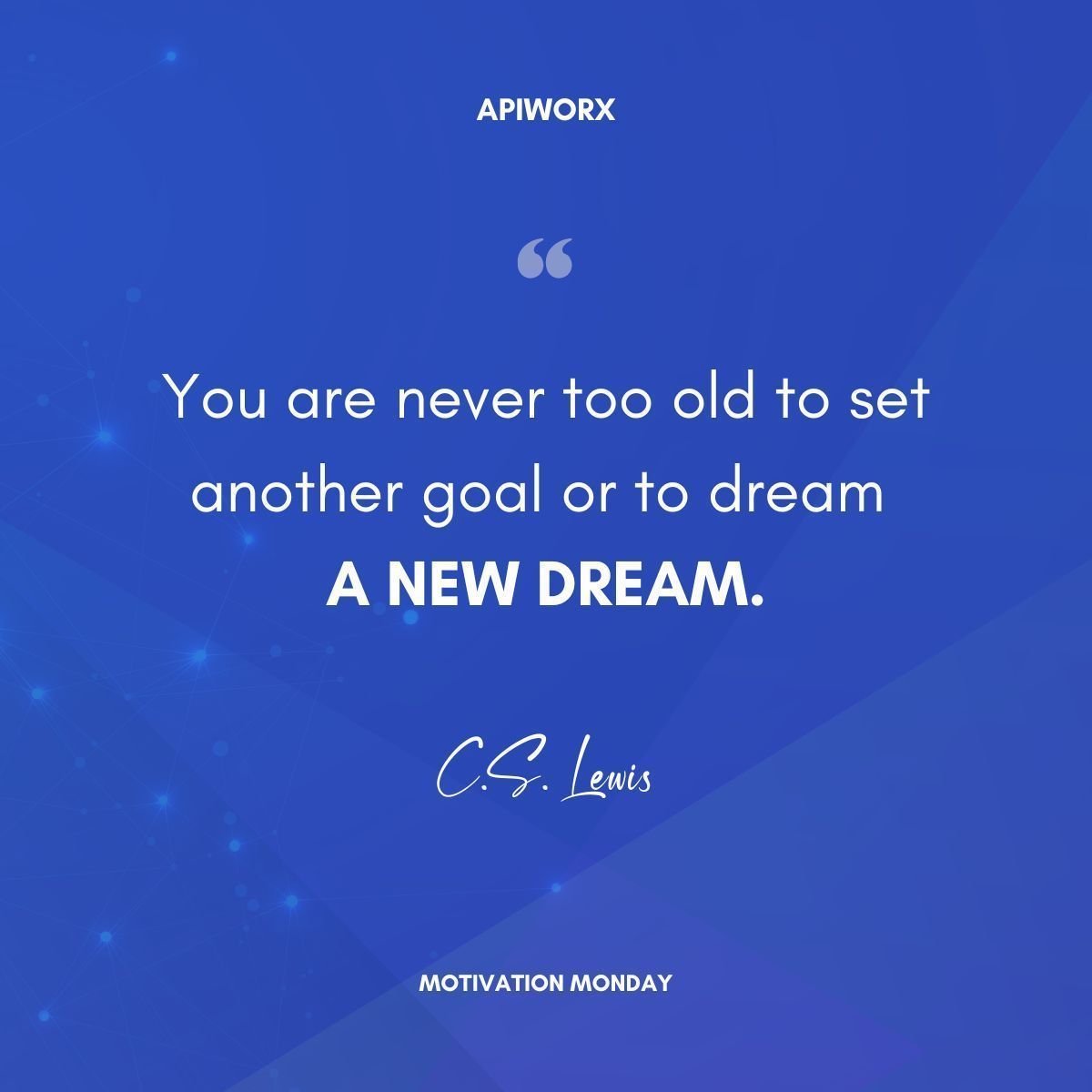 This week, dare to dream big, no matter your age or where you are in life.
It's never too late! 🌠 

#MondayMotivation #DreamBig #Apiworx #Inspiration #NeverTooLate #LifeGoals #MotivationMonday #NewBeginnings #GoalSetting #ChaseYourDreams #BelieveInYourself #PositiveVibes