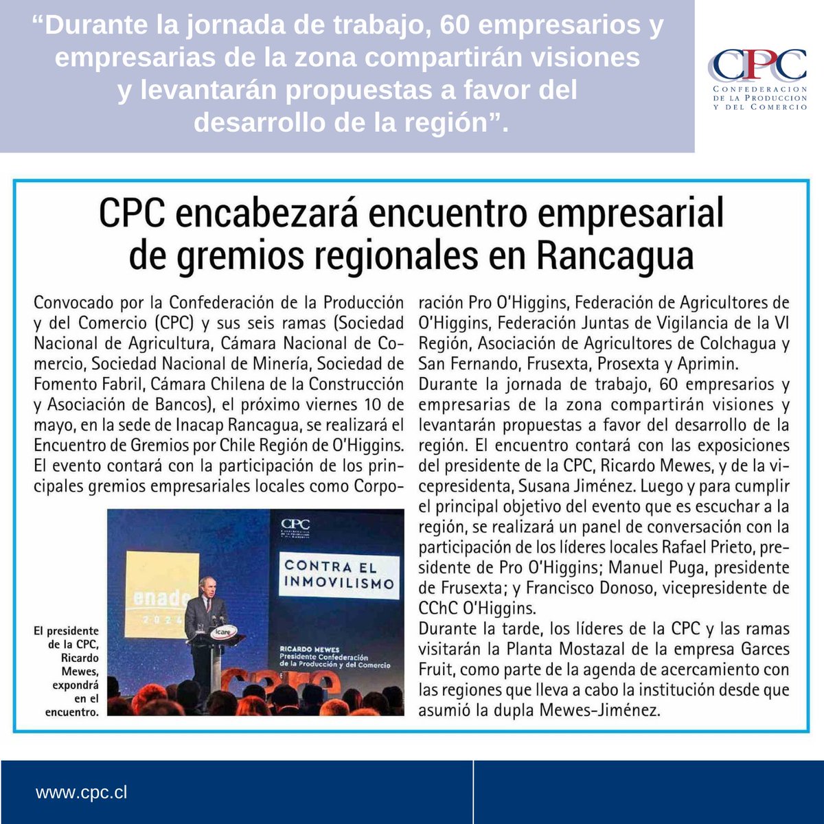 El viernes es #GremiosPorChile #OHiggins con gremios empresariales locales como <a href="/ProOHiggins/">Pro O'Higgins</a>, Federación de Agricultores de OHiggins, Federación Juntas de Vigilancia de la VI Región, Asociación de Agricultores de Colchagua y San Fdo, <a href="/FrusextaAG/">Frusexta</a> , <a href="/ProsextaAG/">PROSEXTA AG</a>  y <a href="/aprimin/">APRIMIN AG</a>