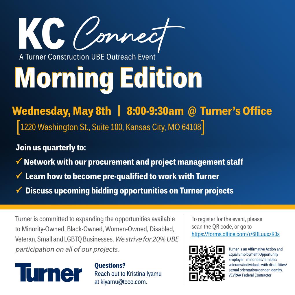 Rise &amp; shine with Turner!  We are hosting our next outreach event on Wednesday. We can't wait to connect &amp; share info about opportunities to work with Turner!  RSVP here: ow.ly/Fwrt50RxoTV

#TurnerKC #TurnerConstruction #BuildWithTurner