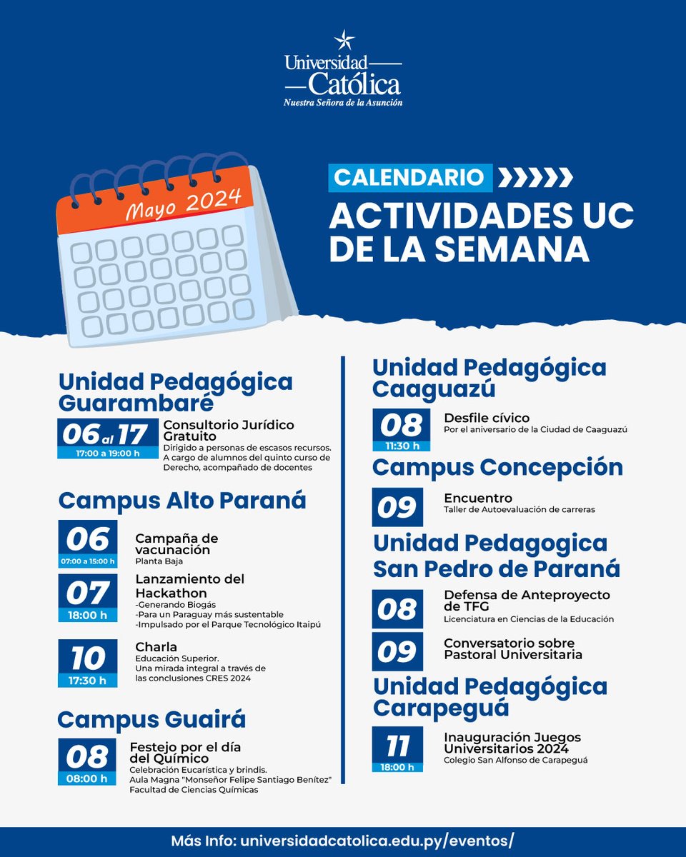 Compartimos con la #ComunidadUC las actividades de la semana 🗓️✨

#UniversidadCatólica 💙

Más info: universidadcatolica.edu.py/eventos/