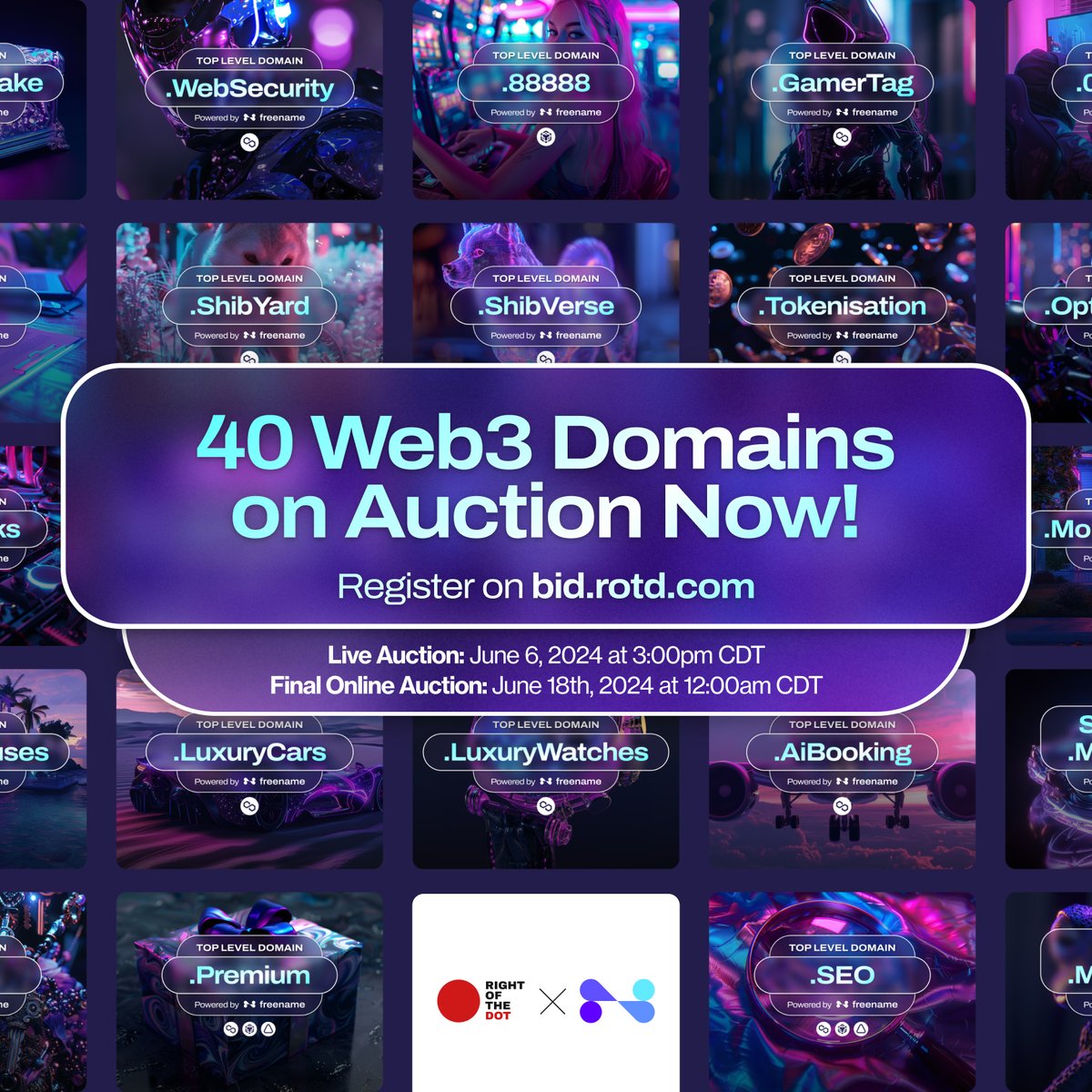 Ready to bid? Freename is back with another auction of valuable Web3 domains, in partnership with
@RIGHToftheDOT 

If you missed the last auction in December, here's your chance.     

Register at bid.rotd.com and good luck 🍀

#WEB3DOMAINS #Auction