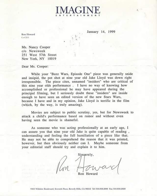 25 years ago, a very angry #RonHoward sent this letter to Newsweek after they published an article criticizing the acting skill of a 9 year old Jake Lloyd as Anakin Skywalker in Phantom Menace.

#StarWarsDay2024 #MayThe4th
#RonHoward #StarWars #StarWarsThePhantomMenace