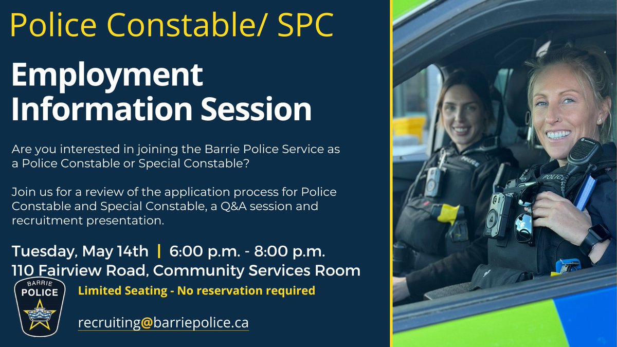 Police Week 2024 is right around the corner. On May 14th, 2024 we would like to invite the community to join us for a PC/SPC Employment Information Session hosted at Barrie Police Service 110 Fairview Road, in the Community Services room from 6-8pm. @BarriePolice