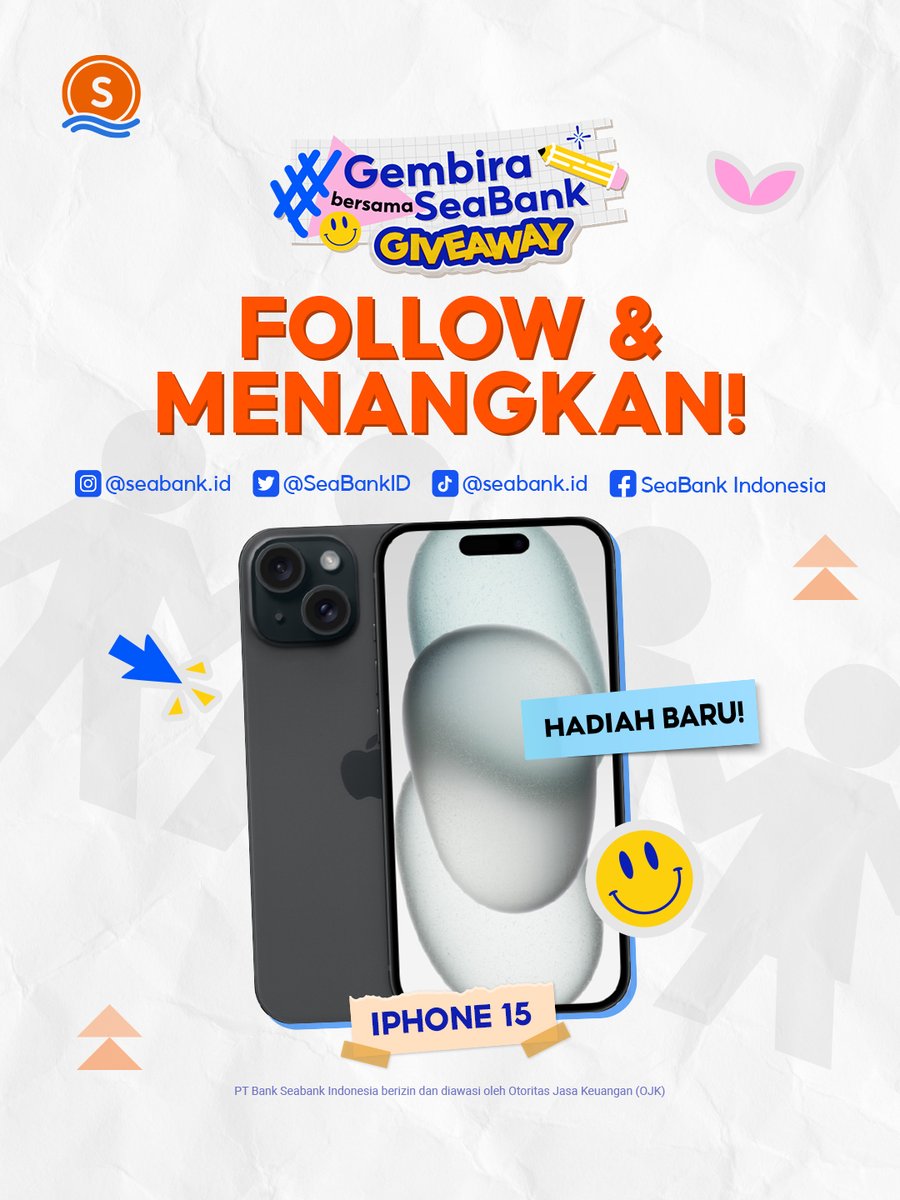 🔥HADIAH BARU: IPHONE 15🔥
FOLLOW &amp; MENANGKAN!

Caranya cuma:
1. FOLLOW &amp; LIKE semua Sosmed SeaBank
2. RT &amp; REPLY "#GembiraBersamaSeaBank" serta username semua Sosmedmu

Info lebih lengkap cek di sini 👉 instagram.com/seabank.id/