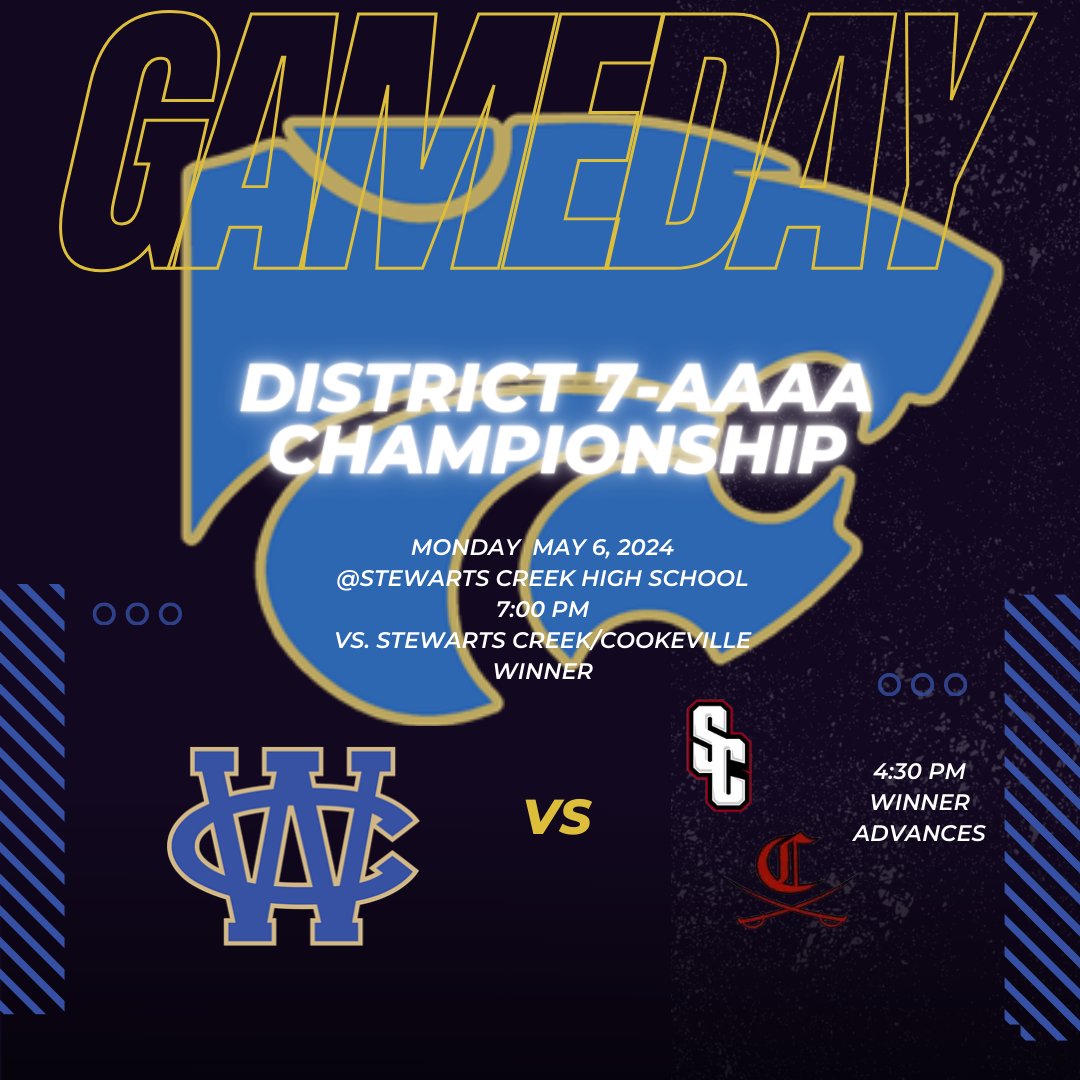 District 7-AAAA Championship Game tonight at Stewarts Creek @ 7:00 PM!! See you there! @wcsn16 <a href="/WilsonCentralHS/">WCHS</a>