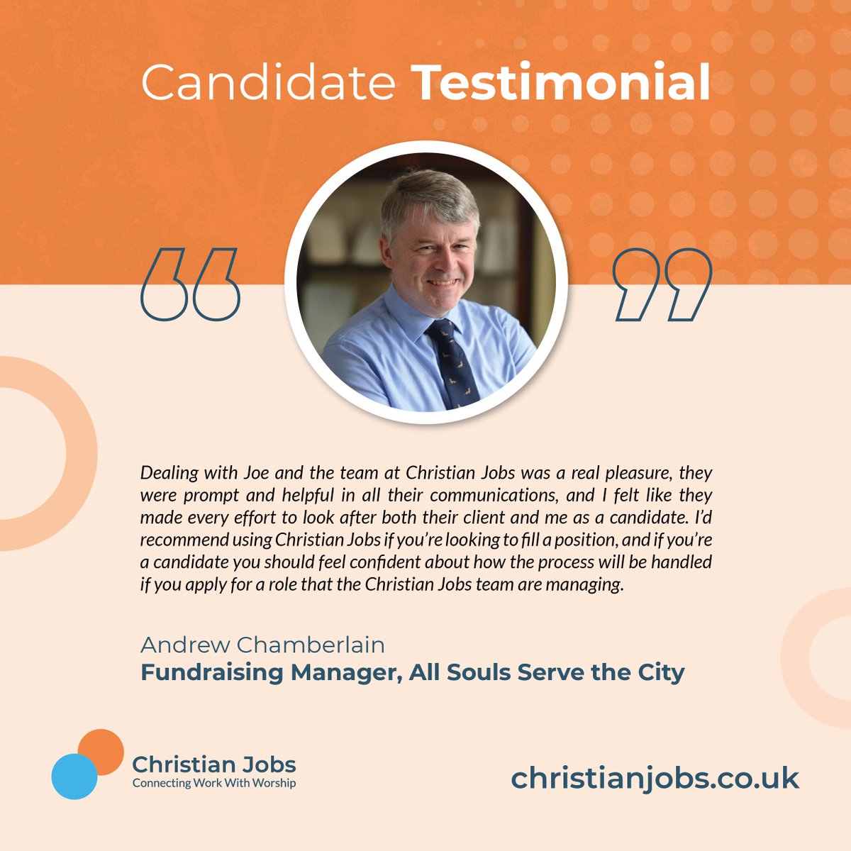 We were thrilled to receive this testimonial from Andrew about his experience applying for a job with All Souls Serve The City through Christian Jobs 🎉 If you're looking for your next opportunity, get in touch with our recruitment team: info@christianjobs.co.uk. #UKChristianJobs