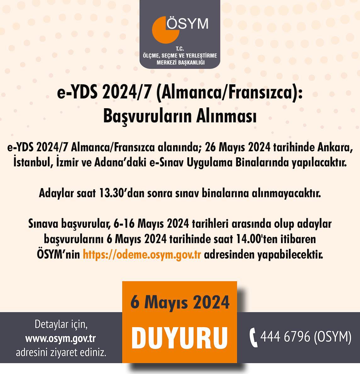 e-YDS 2024/7 (Almanca/Fransızca): Başvuruların Alınması osym.gov.tr/TR,29355/e-yds…