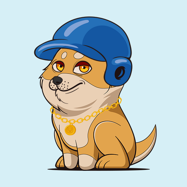 A plain-furred baby doge NFT with fire eyes and an astro mouth wears a Cuban link outfit and a baseball headwear on a blue pastel background. He dreams of becoming a baseball star and exploring the galaxy.