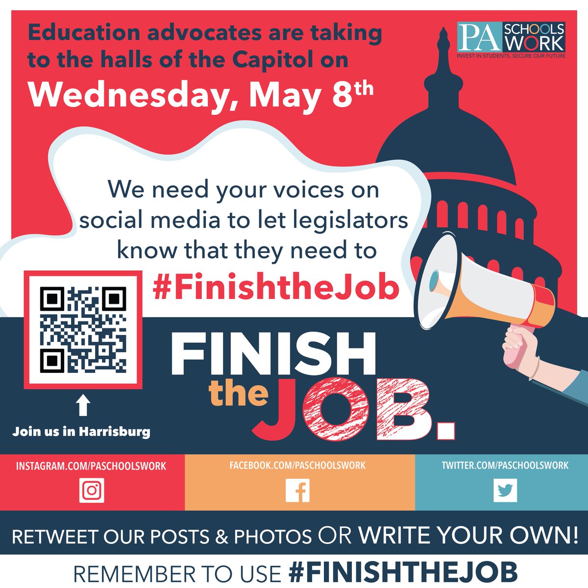 PA Schools Work is heading to Harrisburg on Wednesday! Join us on social media as we urge PA legislators to #FinishTheJob and #FundPAPublicSchools in the #PABudget. Join us in Harrisburg ⬇️ ow.ly/Bsxg50Rwimc