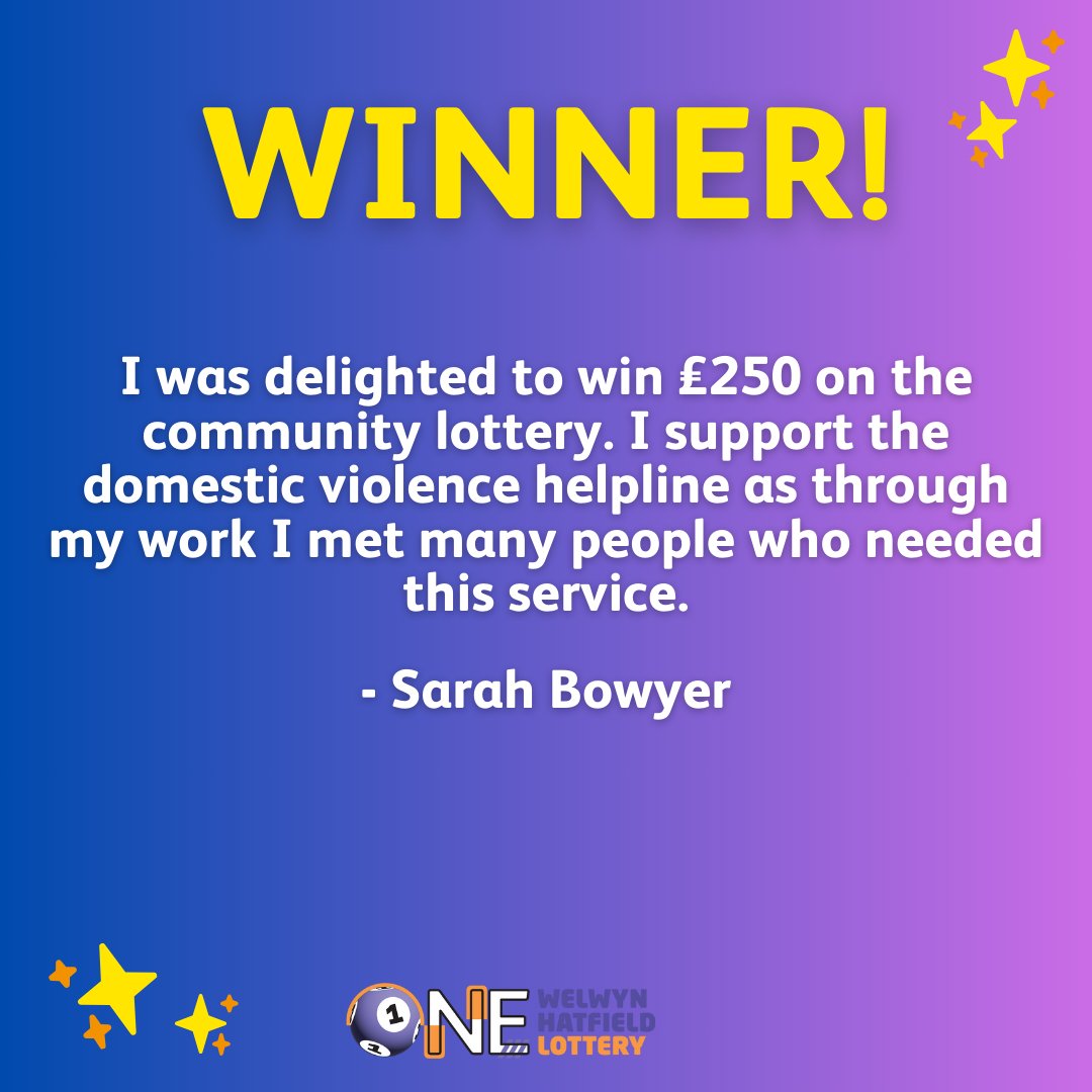 Congratulations to Sarah who recently won £250 from entering the One Welwyn Hatfield Community Lottery! 🤩 You could be a win up to £25,000 whilst supporting your local community: orlo.uk/DXV9y Sarah supported the Hertfordshire Domestic Abuse Helpline.