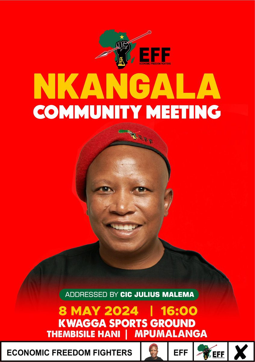 ♦️Do Not Miss It♦️ President @Julius_S_Malema will convene community meetings in Nkangala, Mpumalanga. Our battle cry for these elections is Land And Jobs Now! Stop Loadshedding! These are at the centre of the liberation of the people of South Africa! #EFFCommunityMeetings…