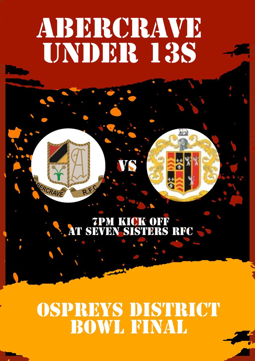Tomorrow night our U13's are in action in the Ospreys Bowl Final against Glynneath RFC. 🏆

Good luck boys and all support greatly appreciated ❤️🖤💛

📍 Seven Sisters 
🕖 7.00pm Kick Off.
📅 Tuesday 7th May
