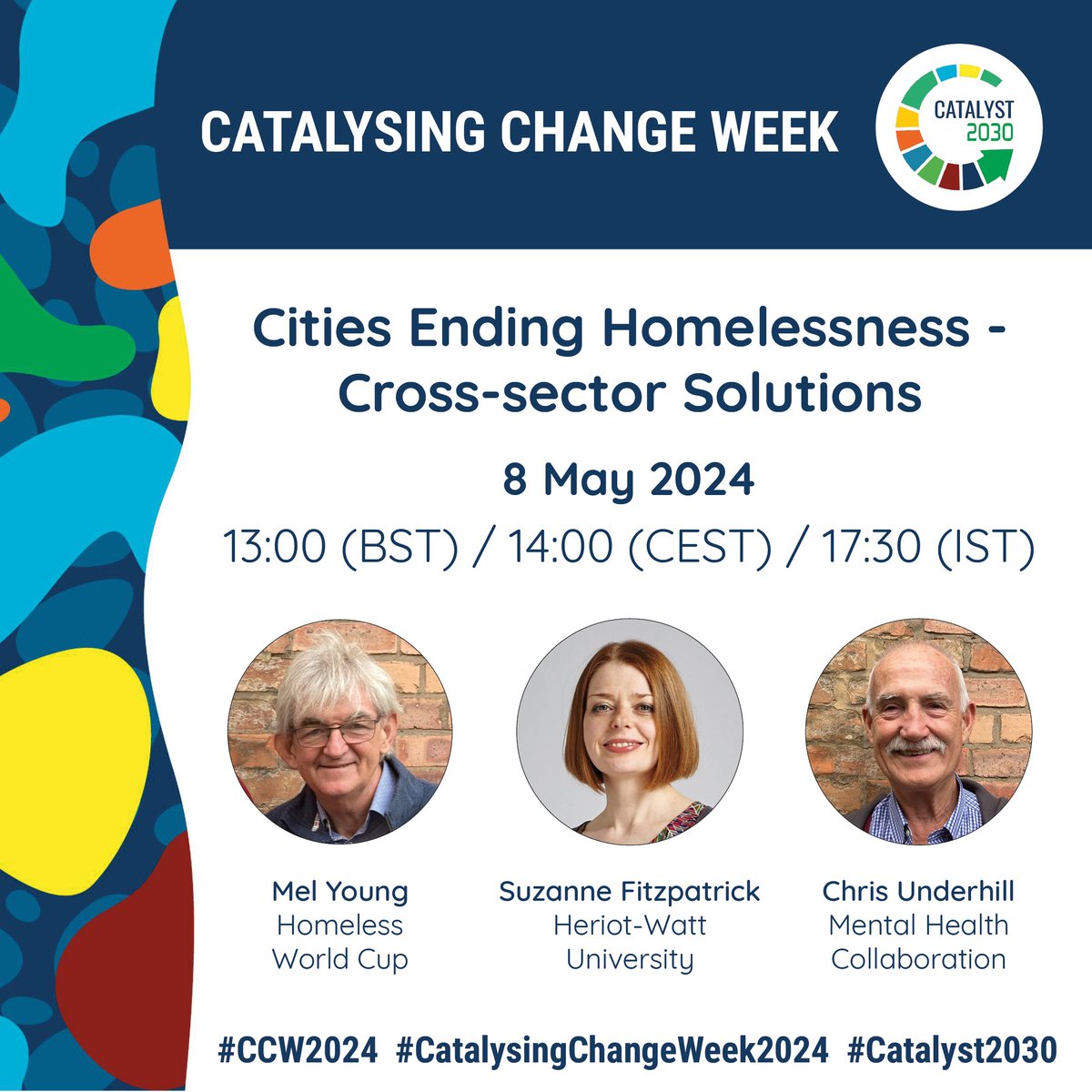 Do you want to talk about solutions to #homelessness? So do we! Join our co-founder Mel Young, Suzanne Fitzpatrick & Chris Underhill in our Cities Ending Homelessness webinar on Wed (8 May)! Register free: catalyst2030.net/events/cities-… @ISPHERE_HWU @Catalyst_2030 #Homeless #CCW2024
