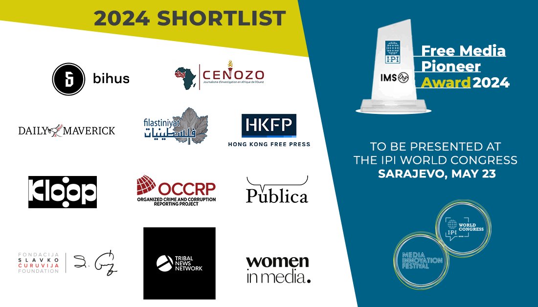 🏆 @IMSforfreemedia and @globalfreemedia are proud to announce 11 trailblazing news outlets and #pressfreedom organisations shortlisted for this year's IPI-IMS Free Media Pioneer award. Congratulations to all shortlisted organisations! 🧵 1/13