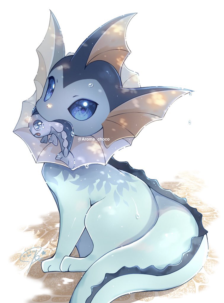 vaporeon solo looking at viewer blue eyes white background holding sitting full body  illustration images