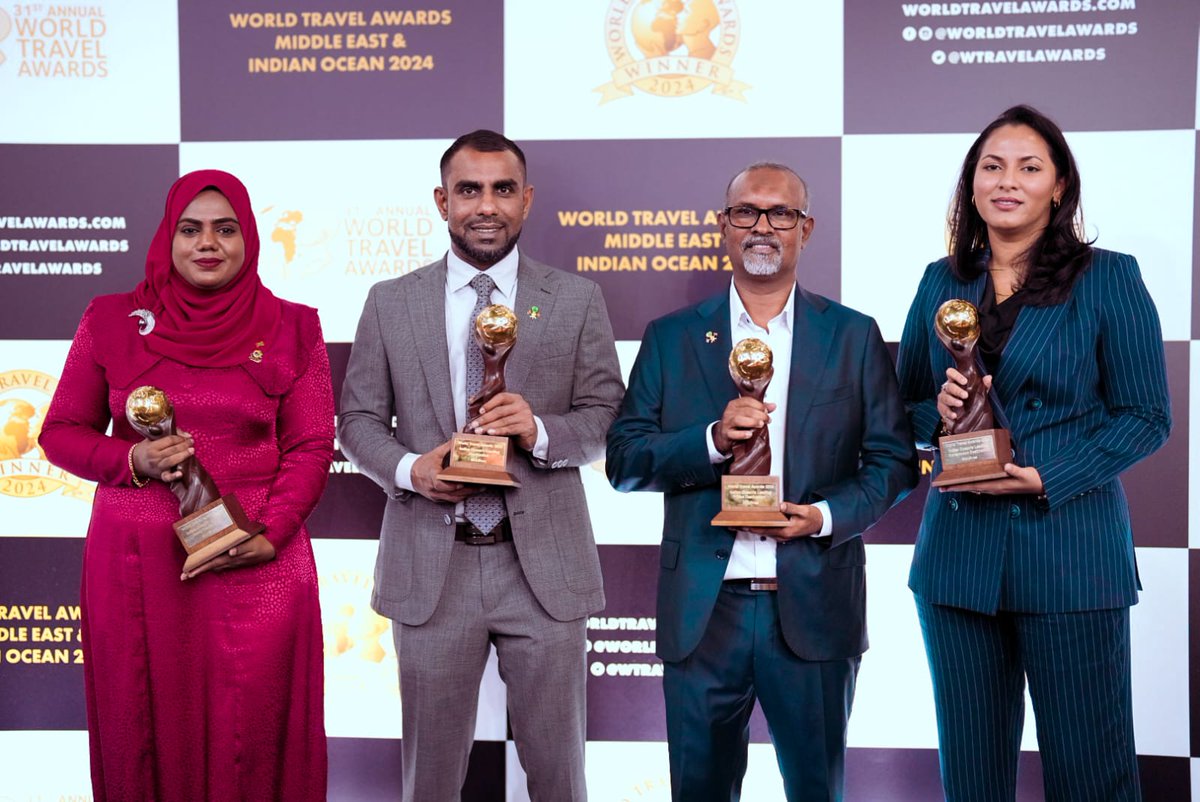 It is a proud moment for the Maldives! Congratulations to our tourism industry on sweeping the World Travel Awards! We have been honored as the Indian Ocean's Leading Honeymoon Destination, Green Destination, Dive Destination, and Leading Destination! @ATMDubai @WTA #Maldives