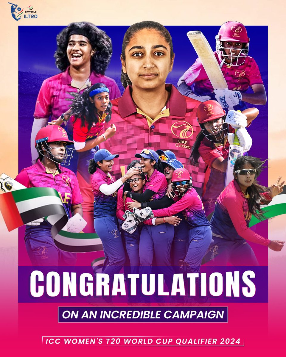 Kudos to the UAE Women’s Cricket Team for their outstanding performance in the T20 World Cup Qualifiers! Wishing them the very best for their upcoming events! 🇦🇪 💙 #DPWorldILT20 #AllInForCricket