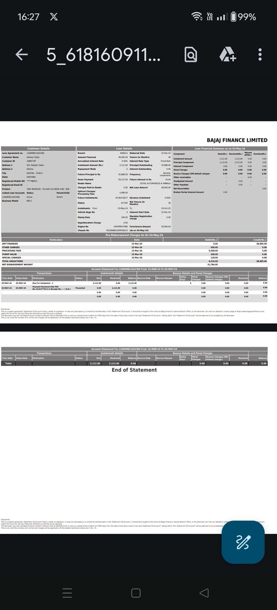 @Bajaj_Finserv  here's my loan statement which is showing the whole thing down payment as well as loan amount. I also raised a query for the same but there's no update . Purchased the bike from goyal Bajaj automobiles Ambala City .