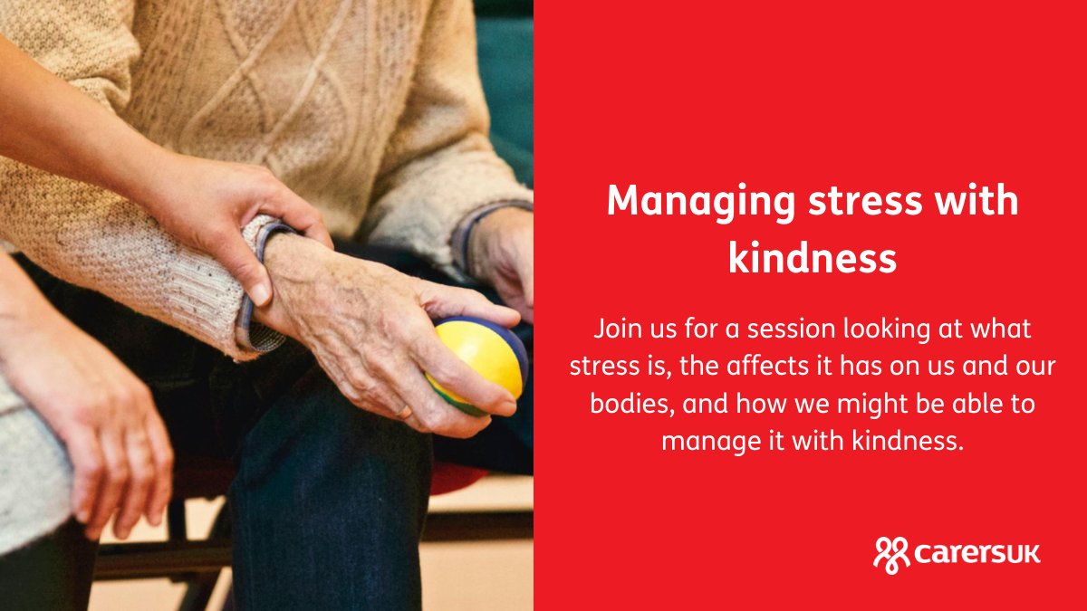 Stressed? Join our managing stress with kindness session on Wednesday 8 May at 2.30pm Our coaches Rachael Wyartt and Priya Shah will look at how kindness can reduce stress and the importance of being kind to yourself. Sign up here: go.carersuk.org/44lWwOc?utm_so…