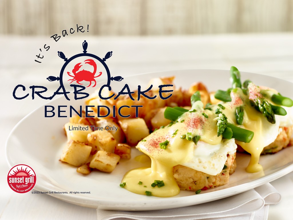 Our Crab Cake Benedict is making a delicious comeback! 🦀🍳

Enjoy three eggs over easy on two crab cakes topped with fresh asparagus, Hollandaise sauce, paprika and chives. Served with home fries. 

Limited time only. Treat yourself at Sunset Grill today!