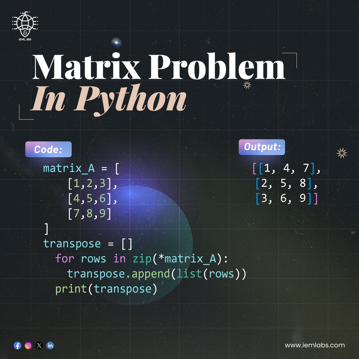 Unlock the power of matrices in Python!

Learn how to effortlessly transpose matrices with our step-by-step guide.

#IEMLabs #PythonProgramming #DataScience #CodingTips #MatrixManipulation #PythonDev #TechSkills #ProgrammingLife #DataAnalysis #CodeNewbie #LearnPython