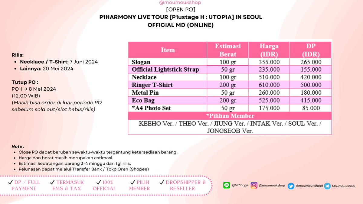 [OPEN PO] P1HARMONY LIVE TOUR [P1ustage H : UTOP1A] IN SEOUL OFFICIAL MD (ONLINE)

Tutup PO & Detail:
On pics

✔️ Bisa pelunasan via 🍊

➖
Reseller and Dropship are welcome ✨