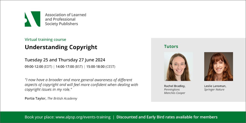 Level up your copyright understanding! Join ALPSP's 'Understanding Copyright' course on 25 & 27 Jun. Delve into territorial differences, moral rights, online licenses & more. Learn from industry leaders! @Penningtonslaw @SpringerNature ow.ly/KxWr50Qin1C #CopyrightLaw