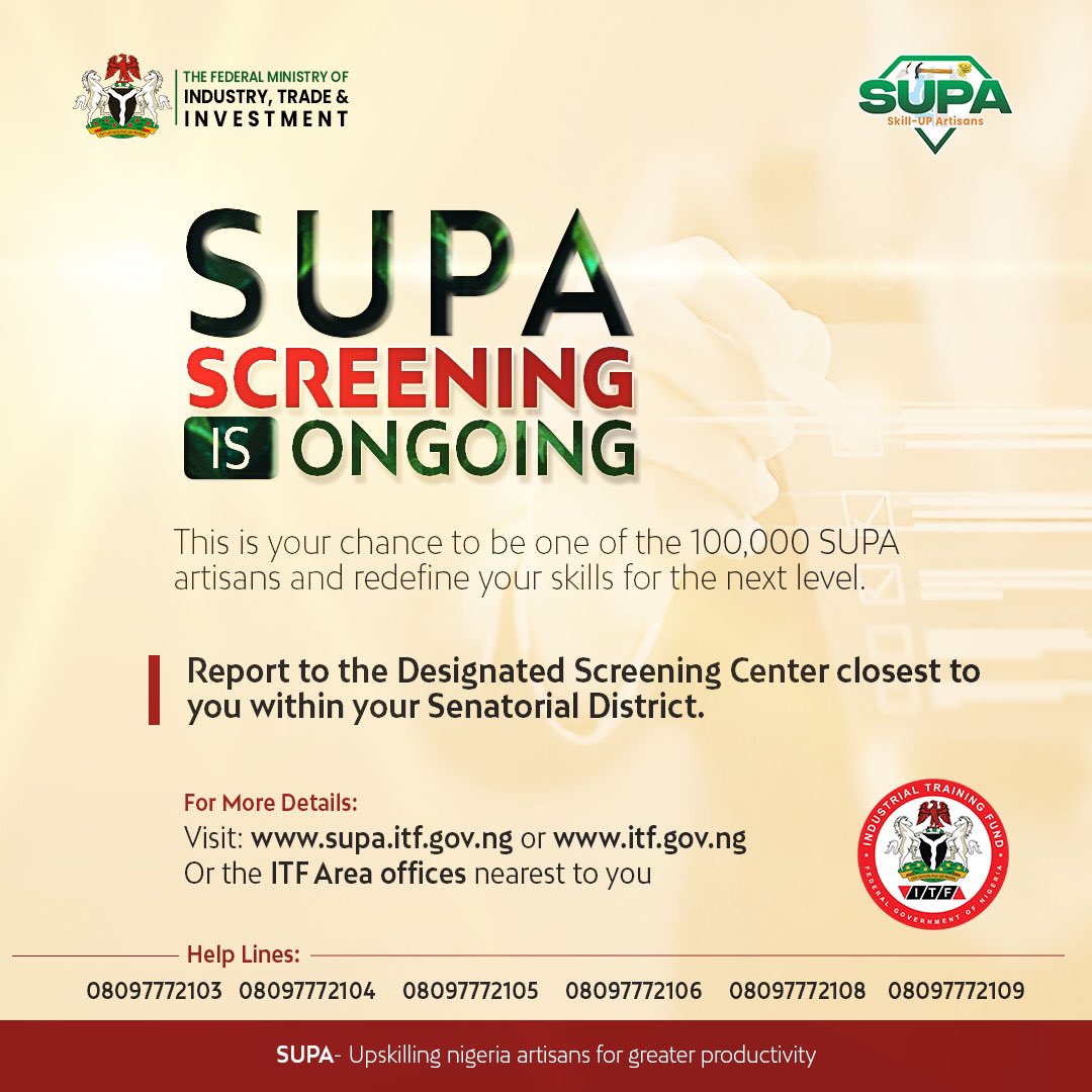 SUPA screening still ongoing. Kindly visit screening centres close to you.